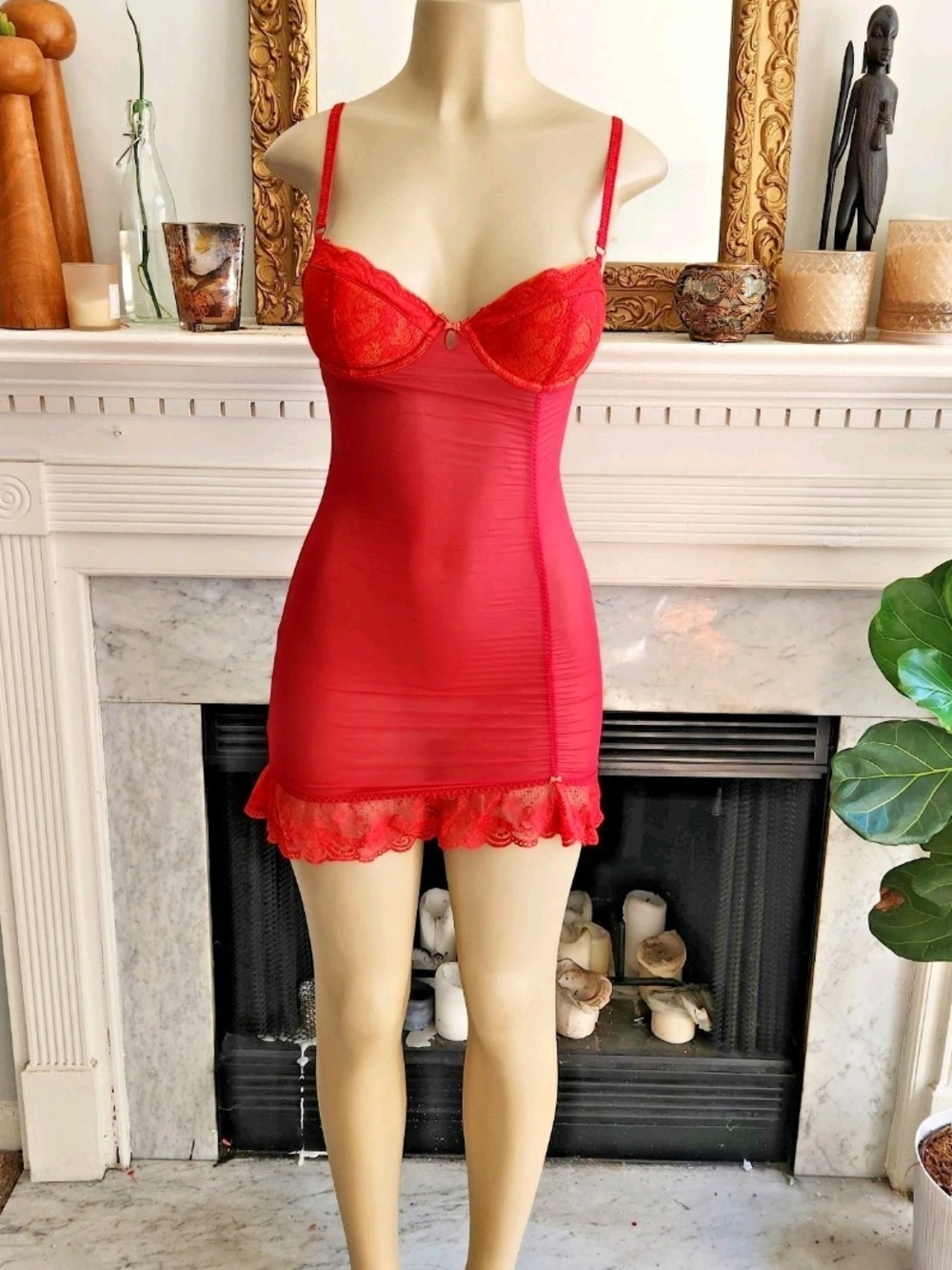 Victoria's Secret Red Chemise Orange Sheer Lace Bow Ruched Stretch Size Small